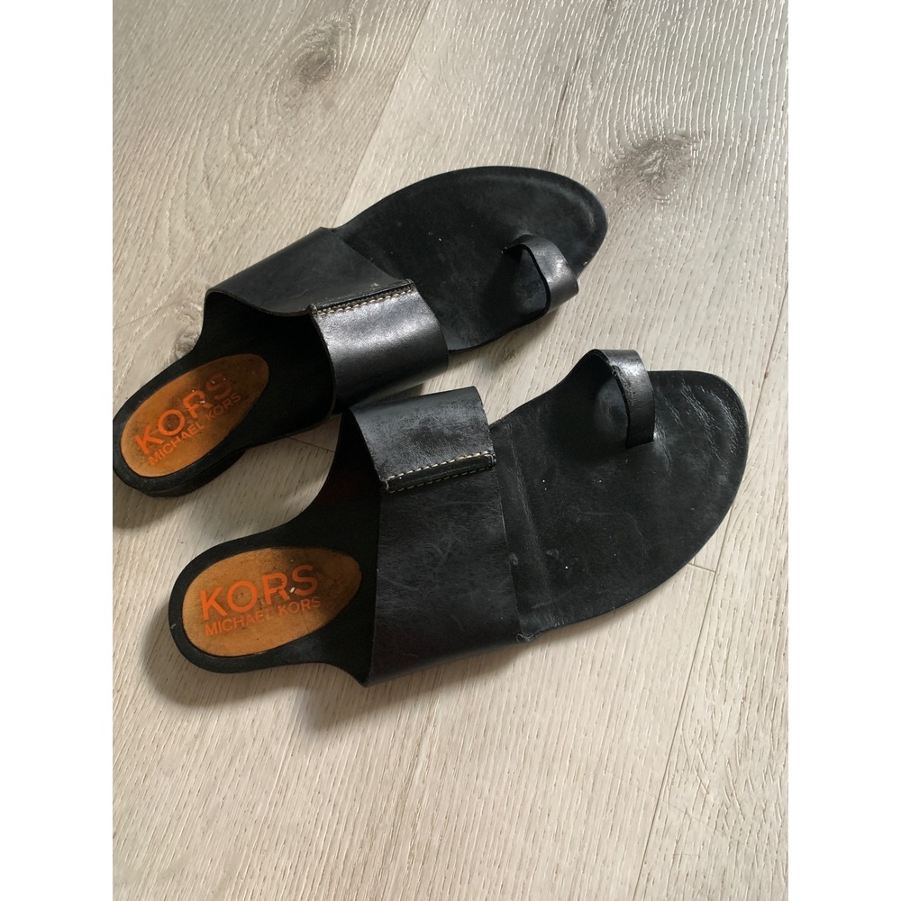 KORS Michael Kors Black Leather Toe Loop Slide Sandals Minimalist Flat 10M